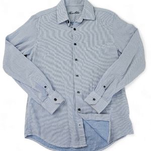 Tasso Elba Men's Stretch Dot Stripe Shirt Blue And White Size S 14- 14.5